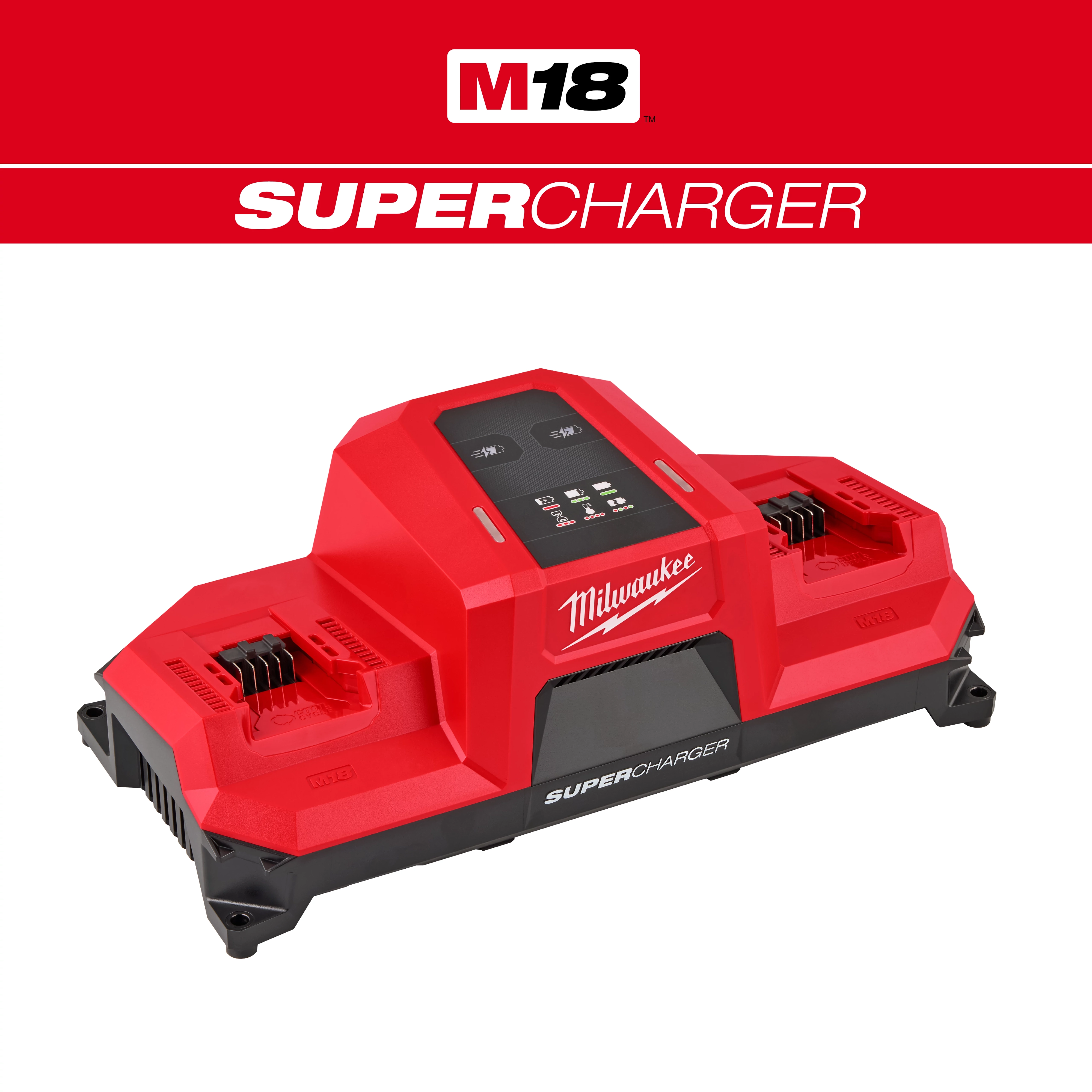 The image shows an M18™ Dual Bay Simultaneous Super Charger w/ 4 Point Mounting. The charger is red and black, featuring dual slots for charging batteries, with "Milwaukee" branding on the front and "SUPERCHARGER" below. The background is red with a white "M18™" logo and "SUPERCHARGER" text.