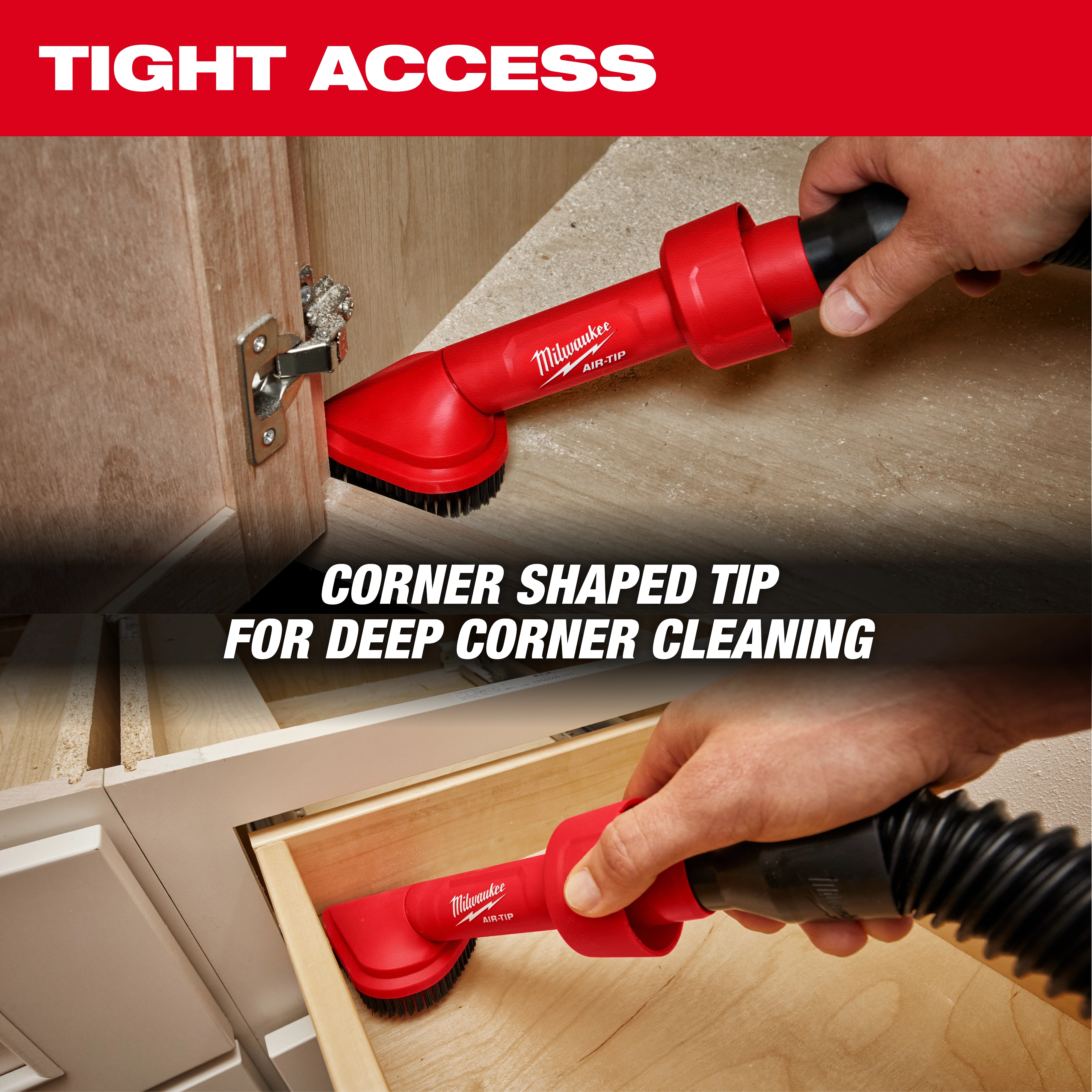 The image shows the AIR-TIP™ Rotating Corner Brush Tool being used in tight spaces to clean corners. The tool features a red, corner-shaped tip designed for deep corner cleaning. Text on the image emphasizes its utility for tight access and deep corner cleaning.