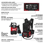 Image displaying the MX FUEL™ Portable Pump Power Base with various features labeled. These include low water level alert, push button start/stop, mode status, compatibility with all MX FUEL™ batteries, 35' integrated tether and pump cord, One-Key™ compatibility, adjustable backpack harness, back plate quick release, wireless remote, and more.